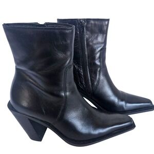Mango Black Leather Pointed Toe Mid-Calf Heeled Boots